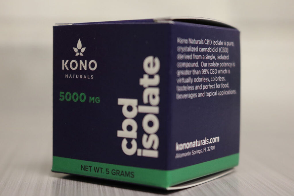 Small blue box labeled Kono Naturals CBD isolate 5000mg