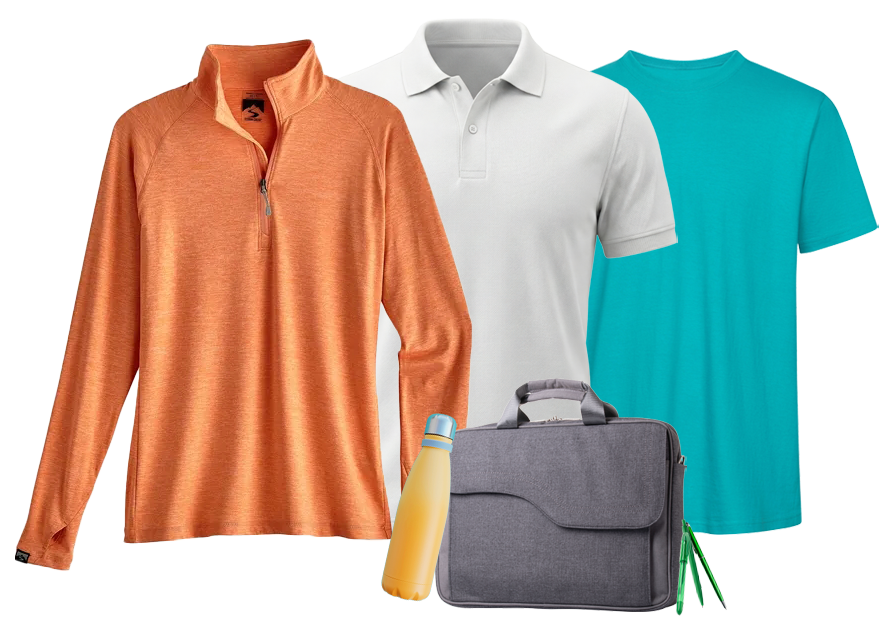A women's orange fleece, man's white polo shirt, unisex teal tee shirt, gray laptop bag, yellow metal water bottle, and three green pens