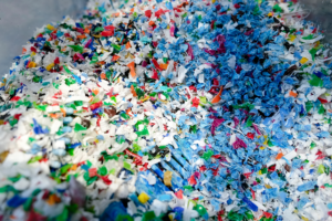 Pile of colorful post-consumer plastic ready to be recycled