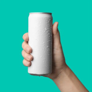 Plain white drink can held by a hand with a teal background