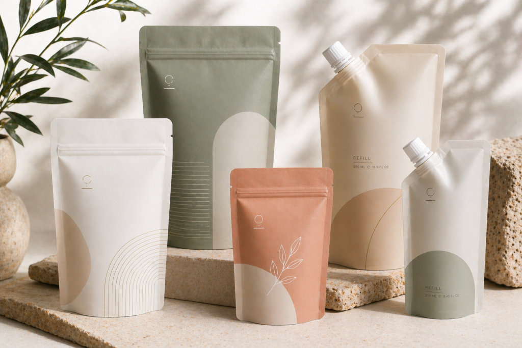 Cosmetics and beauty pouches - eucalyptus green and terra cotta colored