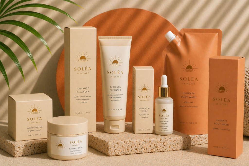 Cosmetics and beauty pouches, boxes, and containers with labels - terra cotta and sand colored