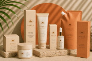Cosmetics and beauty pouches, boxes, and containers with labels - terra cotta and sand colored