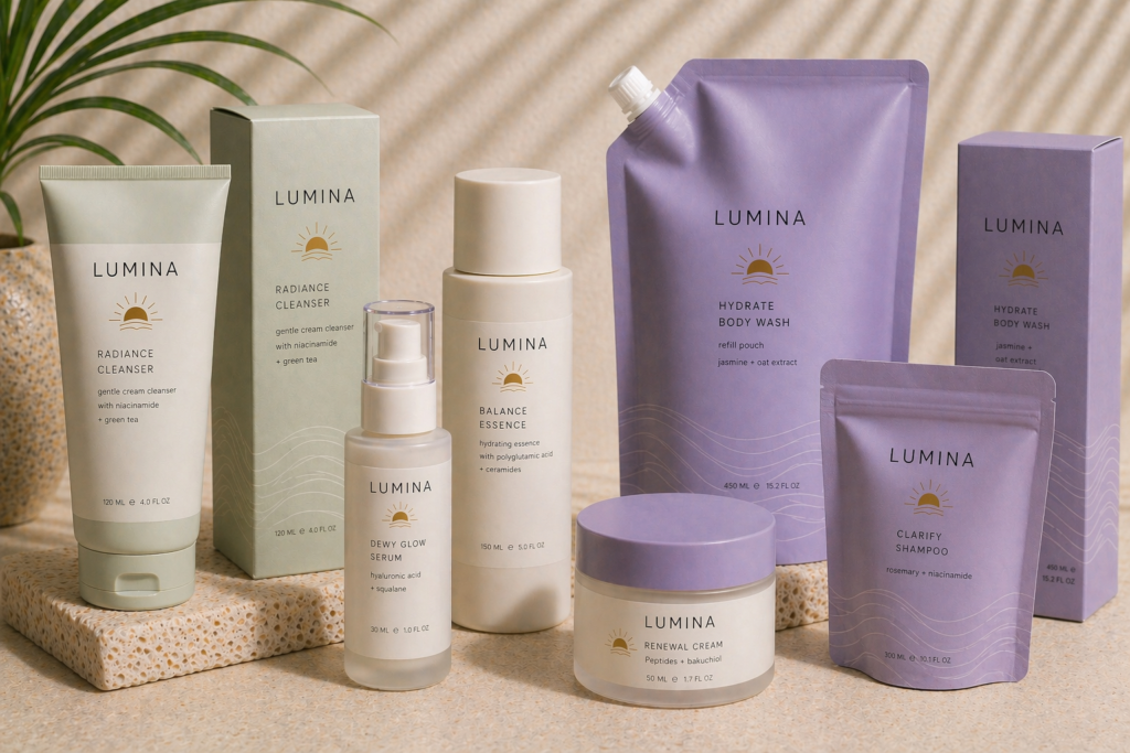 Cosmetics and beauty pouches, boxes, and containers with labels - lavender and eucalyptus green